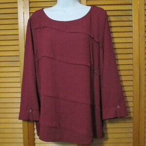 Dana Buchman top cranberry color 3/4 sleeves tiered front pullover blouse sz XL